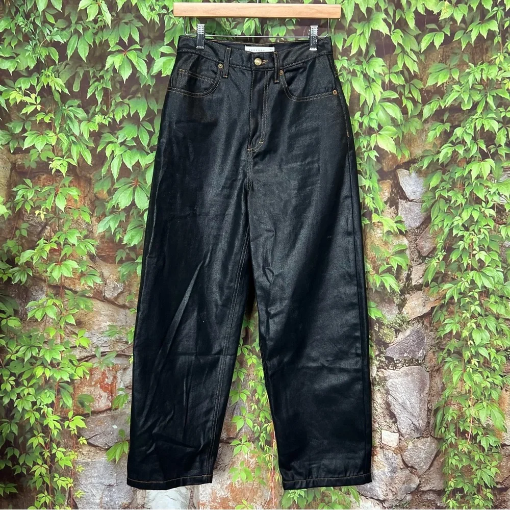 TOPSHOP Modern Architectural Black Waxed Denim Wide Leg Jeans, 4 - Picture 3 of 16